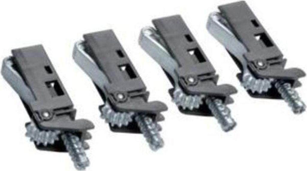 Four identical metal and plastic mounting clips are arranged diagonally on a white background.