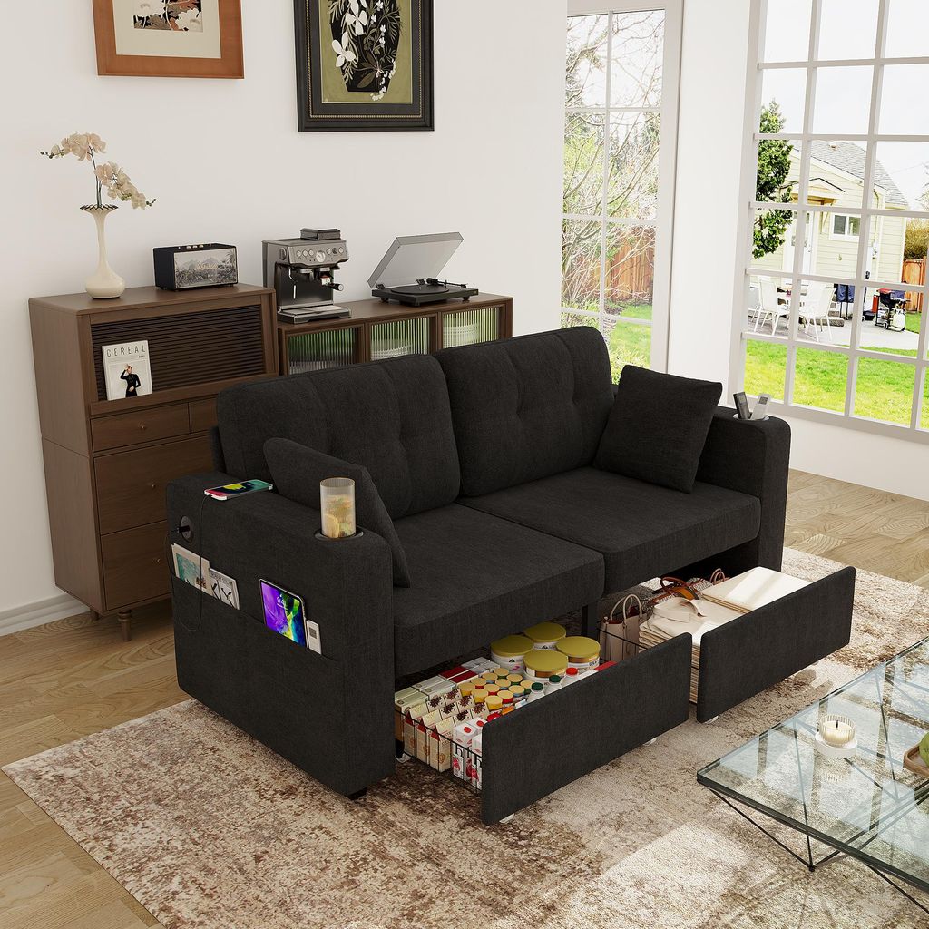 STILVORA Zweisitzer Sofa mit zwei Stauraumschubladen und USB-Ladeanschlüssen, Wohnzimmersofa mit Getränkehaltern und Seitentaschen, Sofa mit vers...