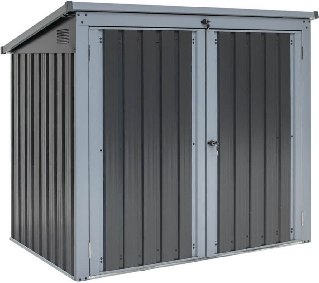 A grey metal storage shed with double doors.