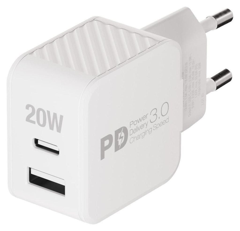 A white 20W USB PD dual fast charger with GaN technology.