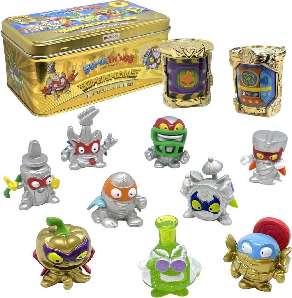 A collection of Superthings Superspecials toys and their storage tin.