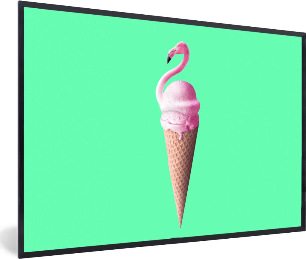 MuchoWow Gerahmtes Poster Eistüten - Eiscreme - Flamingo - Rosa - Grün 60x40 cm - Poster mit Schwarzem Bilderrahmen Wandposter Rahmen Foto Bild...