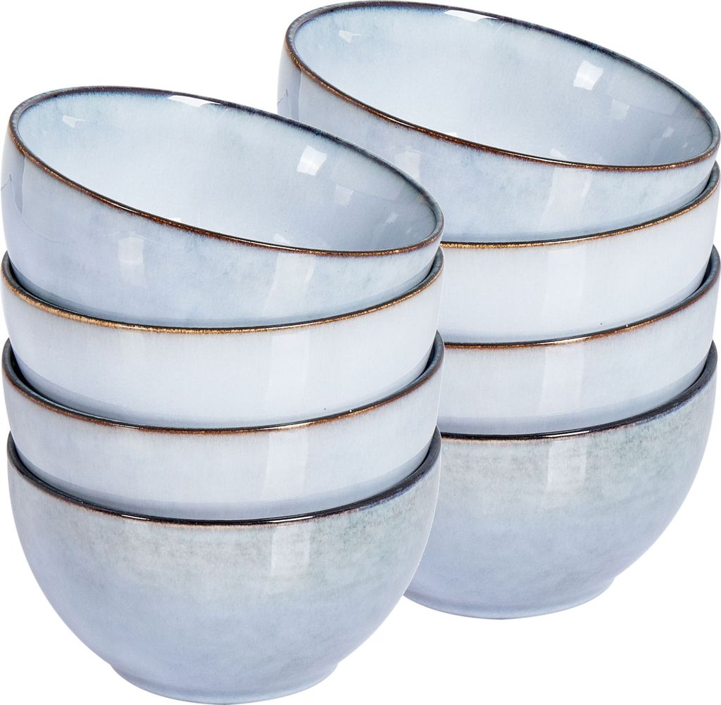 BELIANI Schüssel Set Hellblau Steinzeug Ton und Kaolin für 8 Personen Rund 14 cm mit Braunem Rand Rund Handgefertigt Retro Geschirr Set