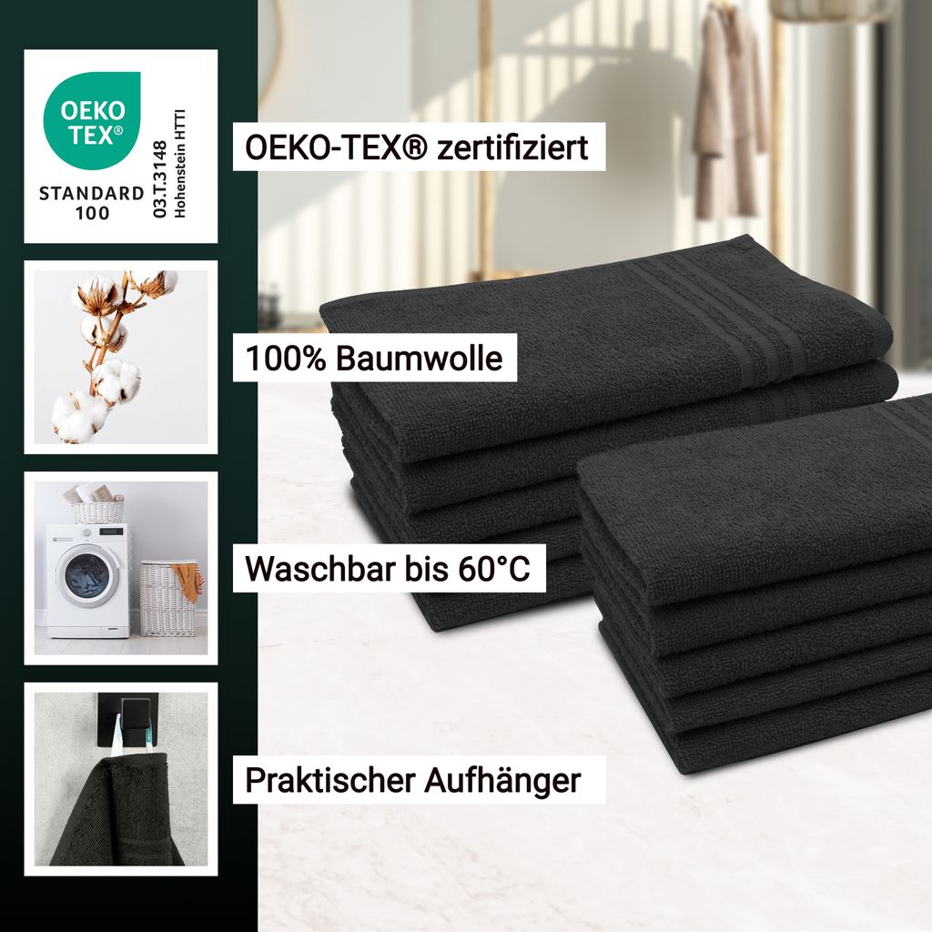10er Set Gästehandtücher, Baumwolle, 30x50 cm, schwarz Produktbild 2