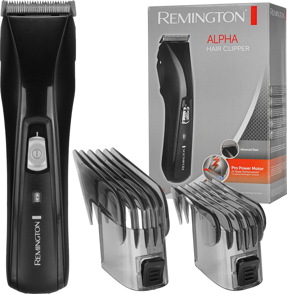 A collage of a Remington hair clipper, its packaging, and accessories.
