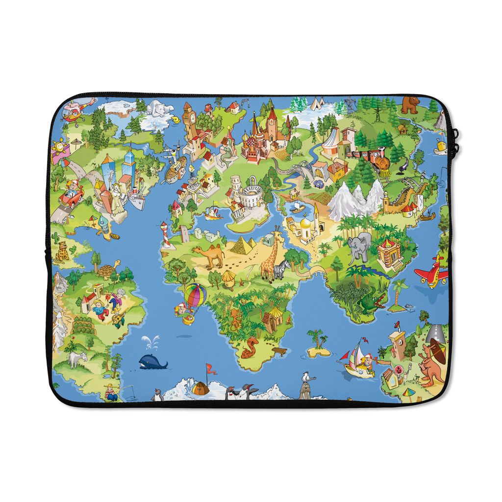 MuchoWow Laptop Hülle 15 Zoll Weltkarte - Kinder - Natur - Tiere - Blau - Grün Laptoptasche - Laptoptasche - Sleeve - Rundum-Schutz