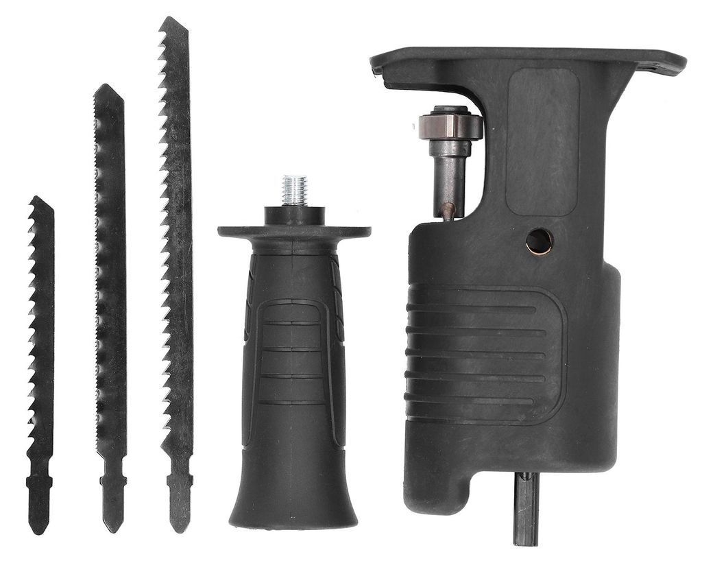 Aufsatzset für Säbelsägen an Akku-Bohrschraubern mit Sägeblättern für Metall- und Holzschnitte sowie Stichsägen