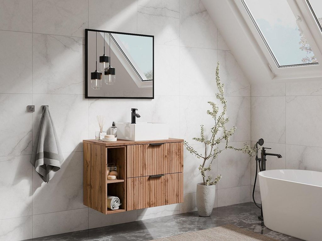 Kannelierter Wandwaschtischschrank mit Nischen - Tageslicht - Breite 80 cm - ZEVARA