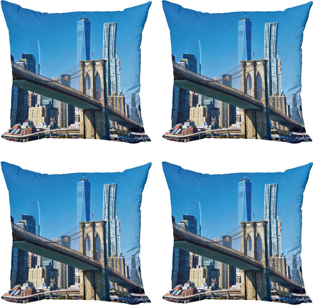 ABAKUHAUS Vereinigte Staaten Kissenbezug Set (4 Stück), Manhattan Zeichen, Moderner Doppelseitiger Digitaldruck, 40 cm x 40 cm, Blassblau Tan