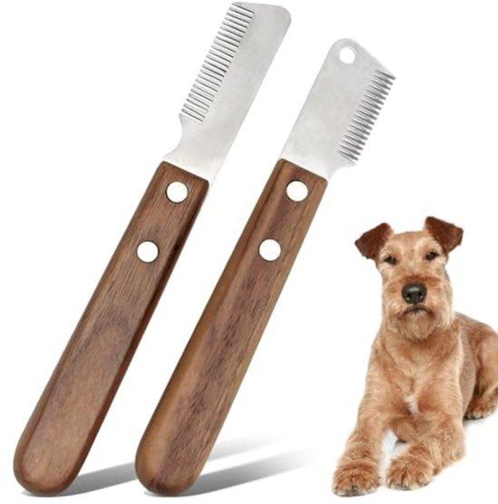 Zwei-Stück-Haar-Zerlege-Set für Haustiere - Edelstahl-Messer mit Holz-Griffen - Für Unterwolle und Locken