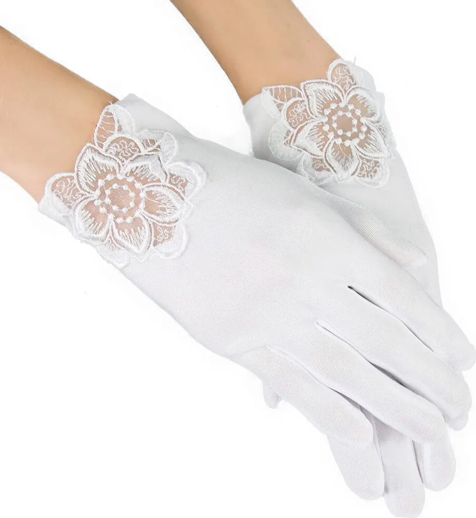 Gants de communion fille blancs avec fleur en dentelle délicate - T1