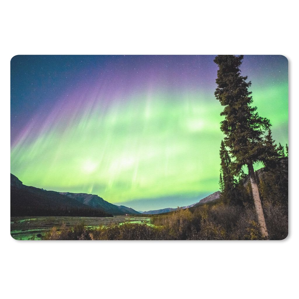 MuchoWow Schreibtischunterlage Nordlichter - Baum - Berg - Natur 60x40 cm - XXL Mauspad - Großes Mauspad