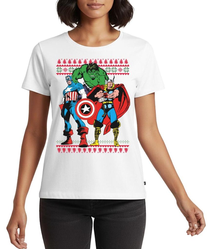 Spreadshirt Avengers Superhelden Ugly Christmas Frauen Premium T-Shirt, L, Weiß