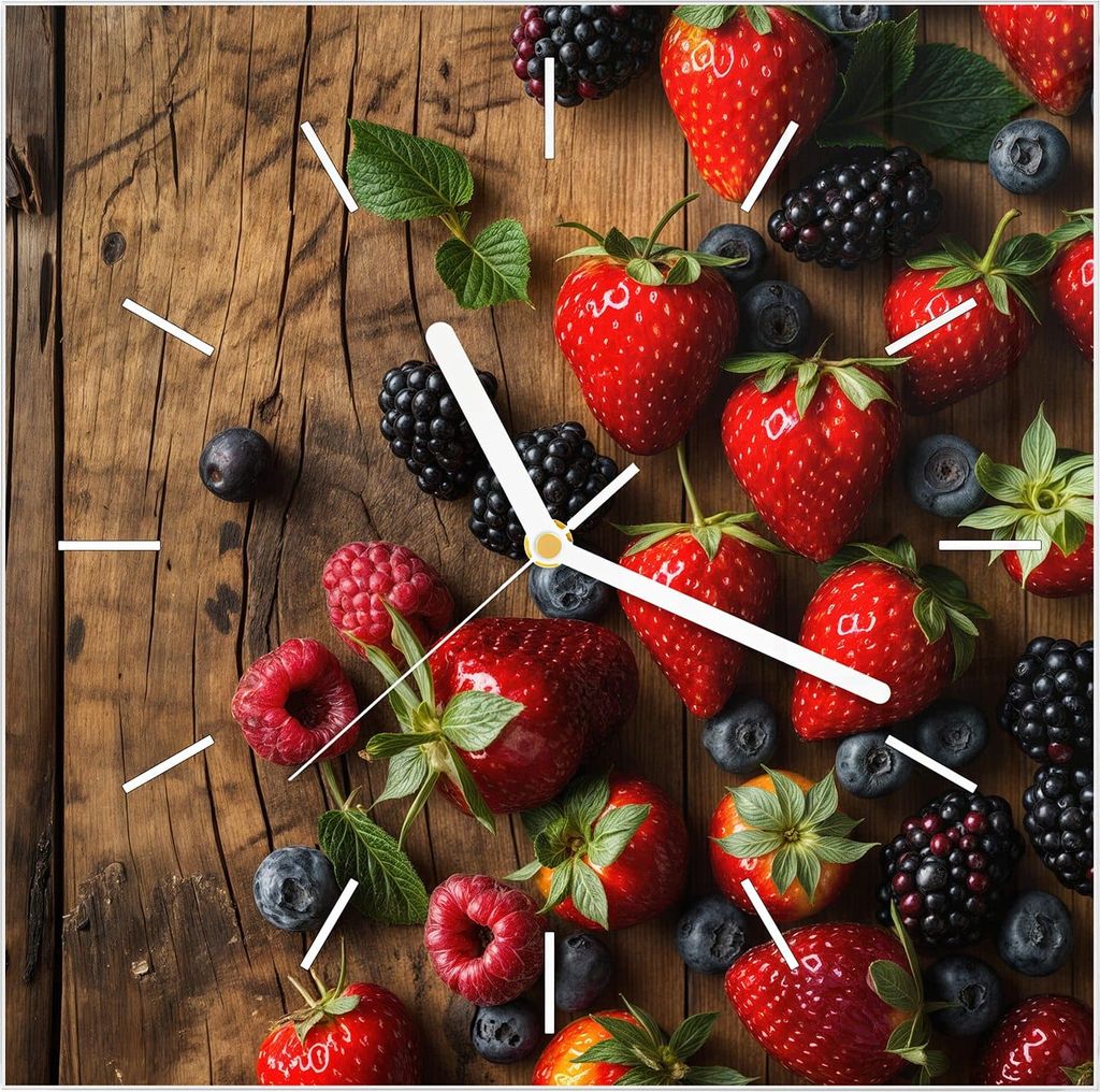 Wanduhr aus Glas mit Motiv Frische Beeren Exquisit- 30 x 30 cm - inkl. Aufhängesystem