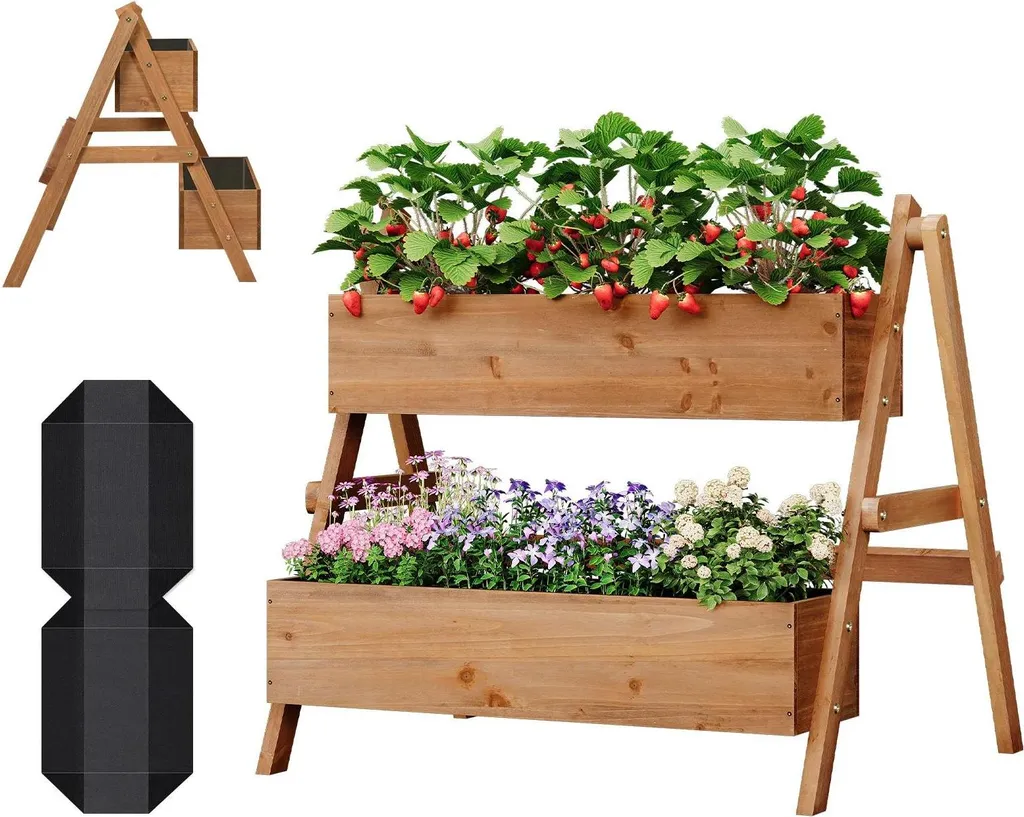Escalier à fleurs en bois de sapin 80x62x68 cm avec 3 bacs de 14L marron