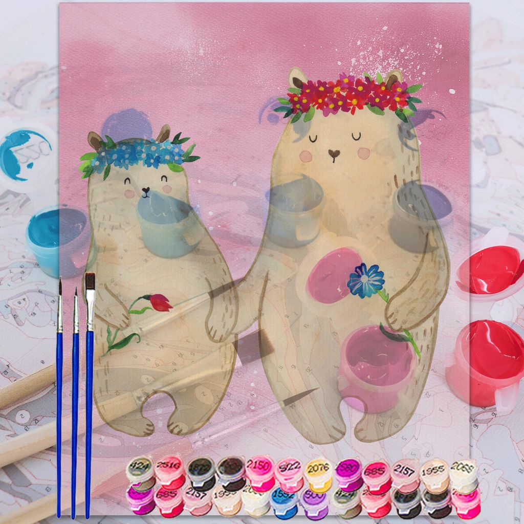 Mr. & Mrs. Panda Malen nach Zahlen Bären mit Blumenkranz 40 x 50 cm Mit Rahmen - Rot Pastell - Geschenk, diy set, Muttertag, kreativ, Mama, Vorbil...