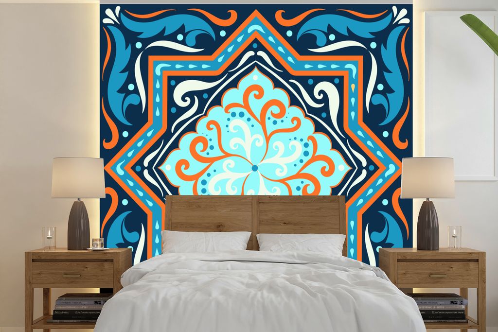 MuchoWow Fototapete für Wohnzimmer oder Schlafzimmer Wandtapete Vinyl Motivtapete Formen - Blau - Muster - 280x280 cm - Hintergrundbild