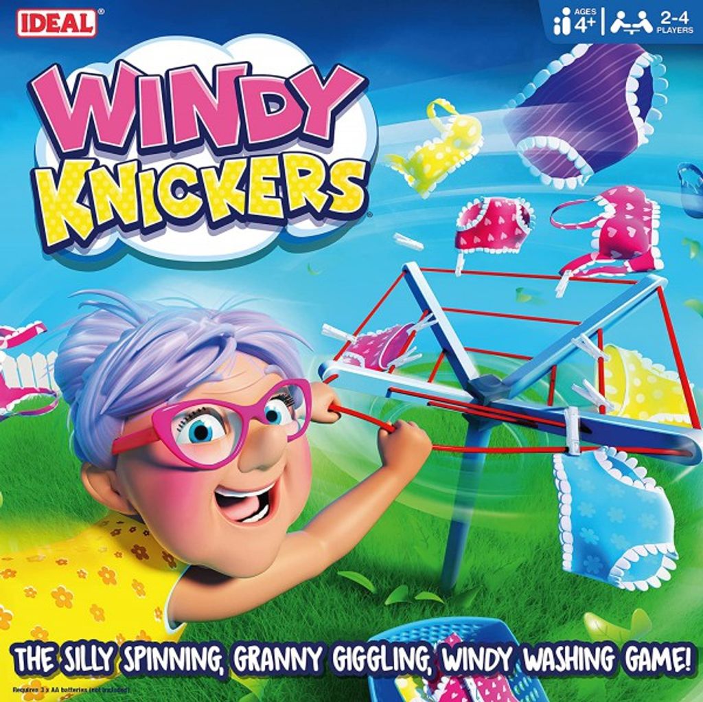 A cartoon illustration of a grandmother playing a game where she is launching undergarments from a clothesline.