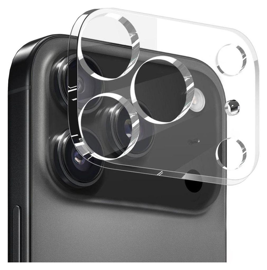 Close-up of a smartphone camera lens protector placed over the camera module of a smartphone.