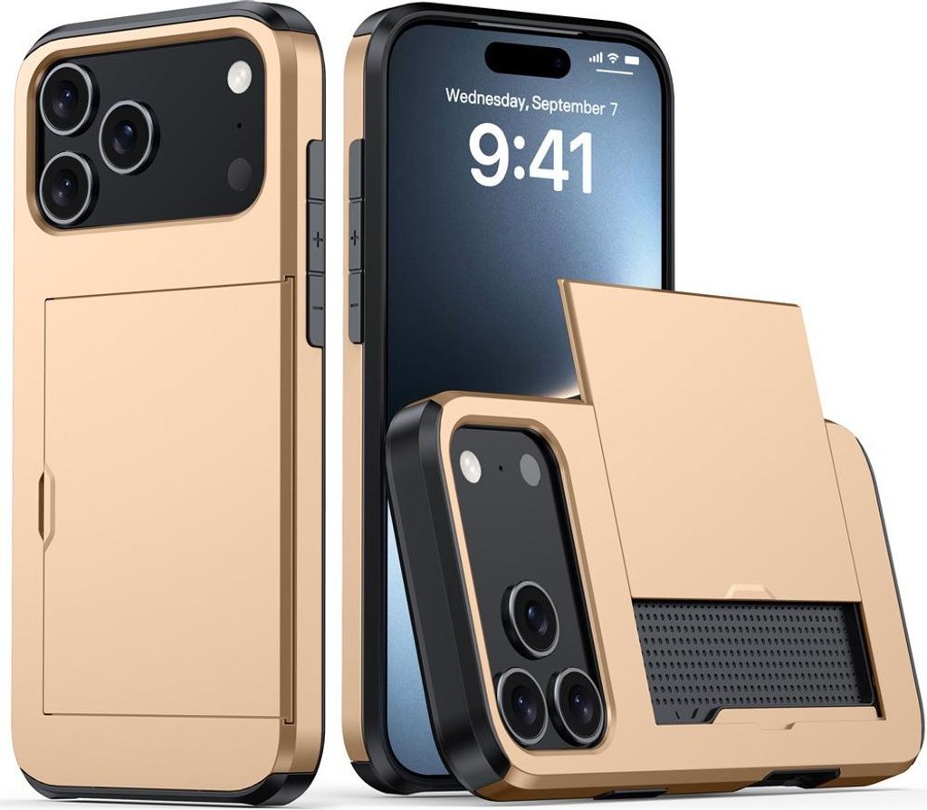 Handyhülle für iPhone 17, Kartenfach Hülle für iPhone – TPU+PC Dual-Layer Stoßfeste Schutzhülle mit Platz für 2 Karten, Gold