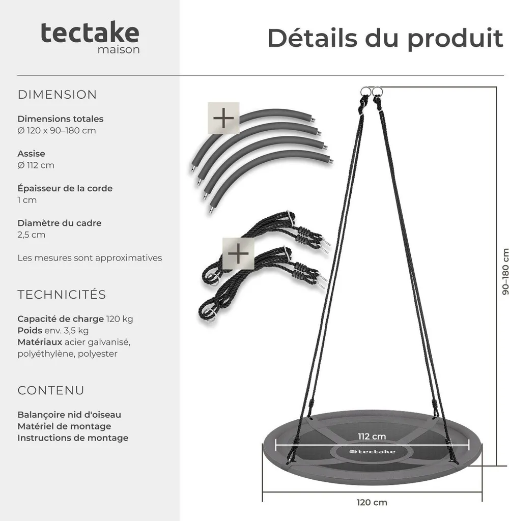 Balançoire nid d'oiseau Swayer Ø 120 cm réglable et robuste 120 kg