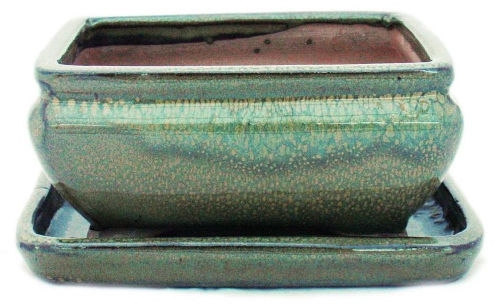 Bonsai-Schale mit Untersetzer, Größe 2 – grün – eckig – Modell G81 – L 14,5 cm – B 11,3 cm – H 6,6 cm
