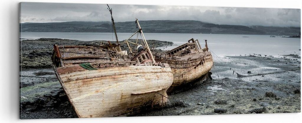 Bild auf Leinwand - Leinwandbild - Boot Wrack Ufer - 140x50cm - Wand Bild - Wanddeko - Wandbilder - Leinwanddruck - Bilder - Kunstdruck - Wanddekor...