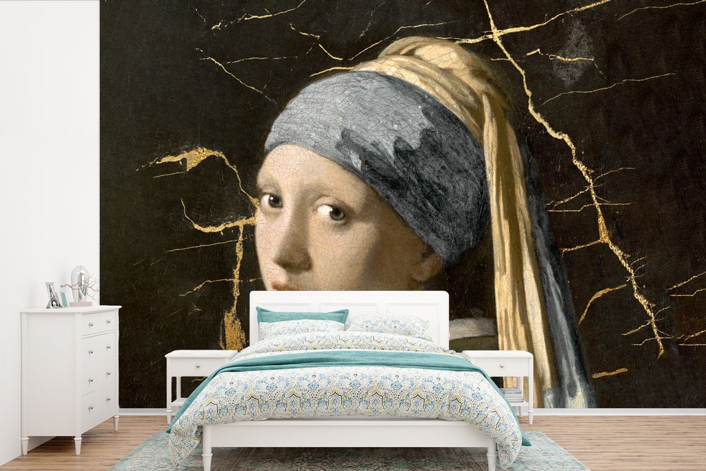 MuchoWow Fototapete für Wohnzimmer oder Schlafzimmer Wandtapete Vinyl Motivtapete Mädchen mit Perlenohrring - Vermeer - Marmor - 525x350 cm - D...