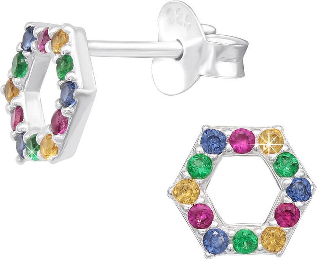 Ohrstecker Hexagon bunt: Zirkonia Ohrringe Silber 925