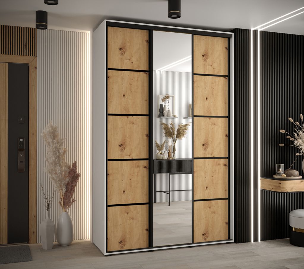 Kleiderschrank YVONA 5 – 160/45 cm, weiß/Eiche handwerklich/schwarz