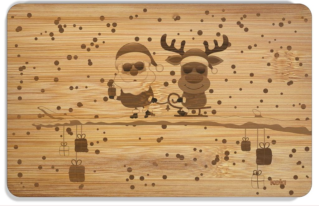 Wallario Frühstücksbrettchen aus Holz 22 x 14 cm, Motiv Cooler Weihnachtsmann mit Rentier auf einem Ast