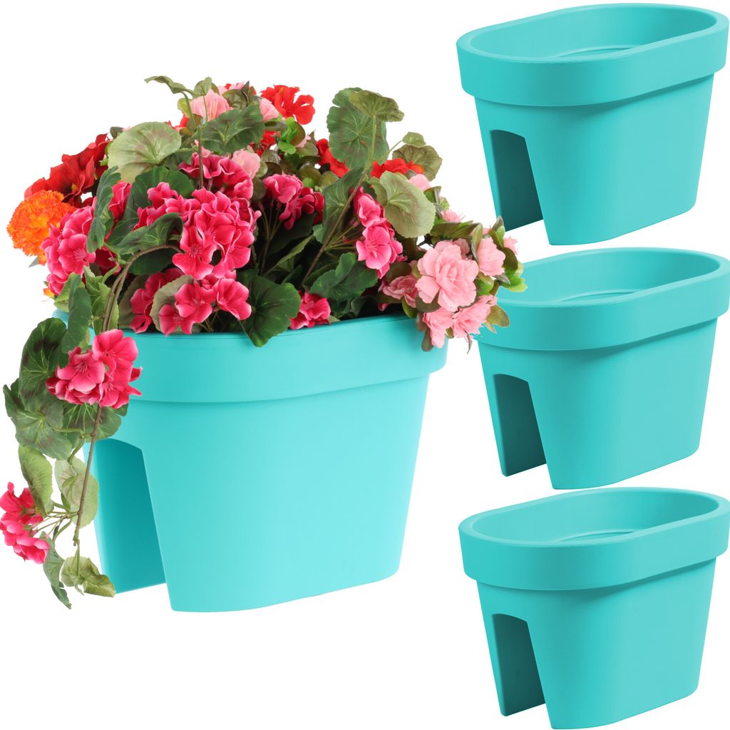 A set of turquoise balcony planters filled with colorful flowers, displayed against a white background.
