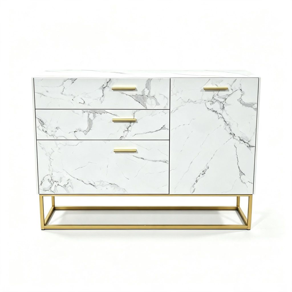 Sideboard Weiß Marmoroptik, Kommode mit 1 Tür und 3 Produktbild 