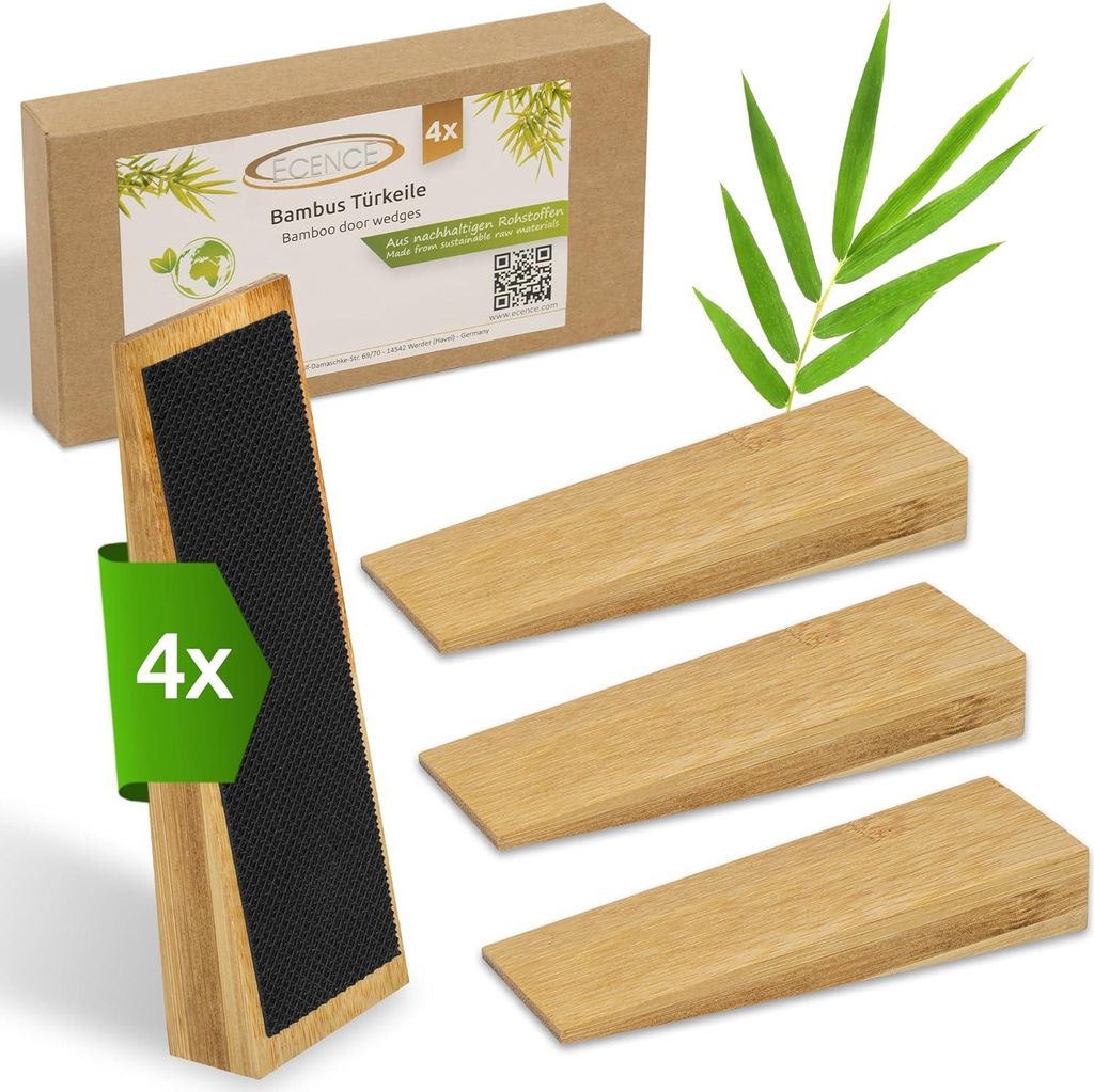 4x Türstopper aus Bambus mit Gummi Türkeilen für alle Türen - Bambus Keil für Innentür, Stahltür und Haustür