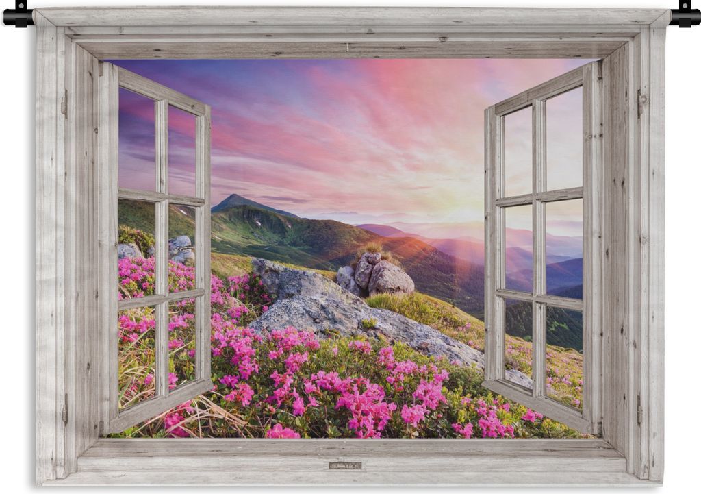 MuchoWow Wandteppich Wandbehang Berge - Landschaft - Aussicht - Blumen - Abend - Rosa 60x45 cm Tapisserie Dekoration Wandtuch - Das Schlafzimmer
