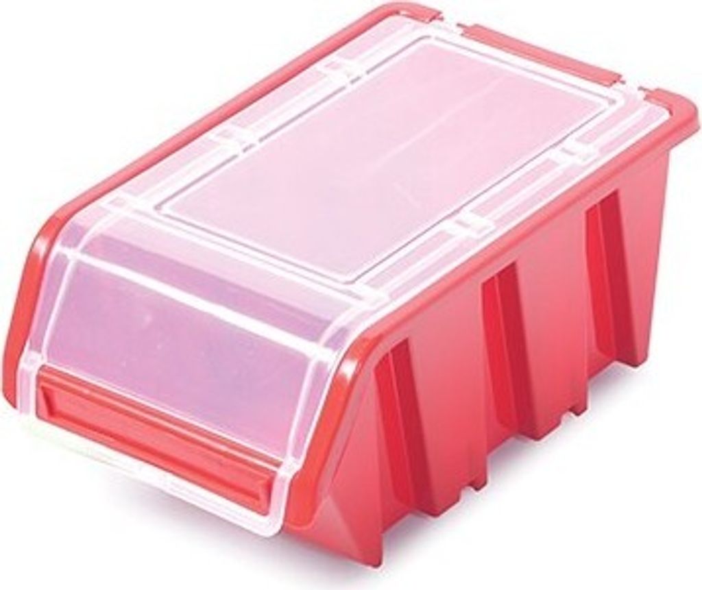 A red storage bin with a clear lid is shown against a white background.