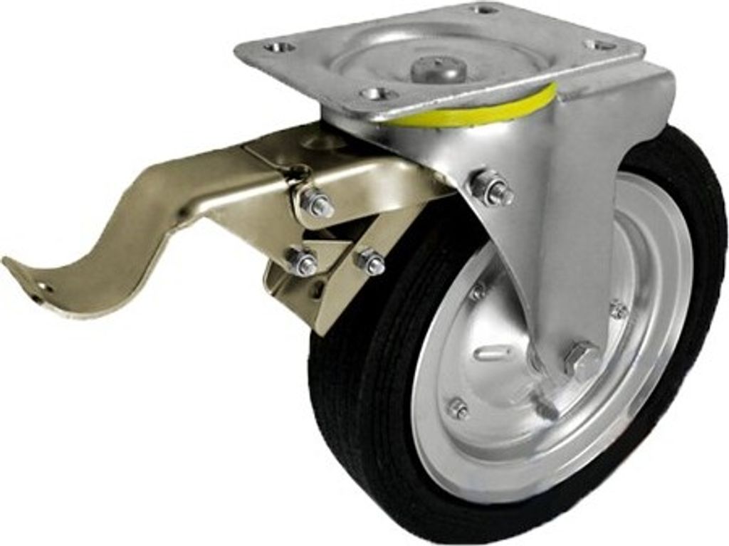 Metal-Gummi-Räder Ersatzrad Gummi 250mm / 220kg in kippbaren Gehäusen mit Bremse, Vollgummireifen Stahl-Felgen Transportrollen (95H)