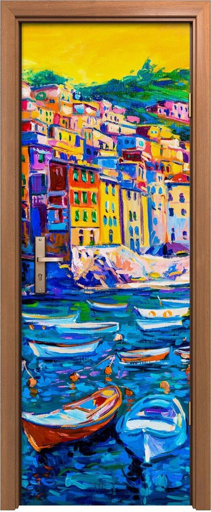 Türposter 70x200 cm Türaufkleber Türtapete Türfolie Klebefolie Italien Stadt Wasser boote Berg bauten