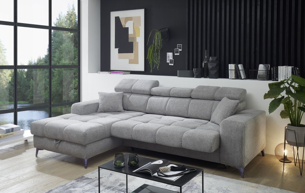 Ecksofa >SYDNEY< Elektrische Sitztiefenverstellung, 3 verstellbare Kopfstützen, Bettkasten, Bezugsstoff "taupe" - 268x105x172 (BxHxT)