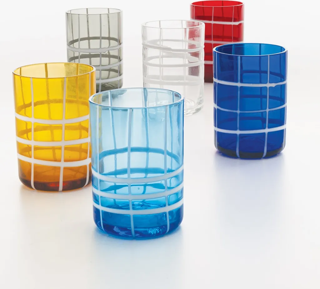 Zafferano Twiddle - Set 6 Bicchieri colorati in Vetro Soffiato, 35 cl - Tumbler Artigianali con Decoro Bianco, Lavabili in Lavastoviglie