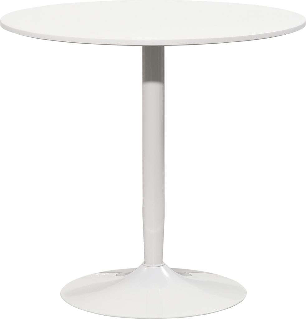 A white round dining table with a pedestal base is shown against a white background.