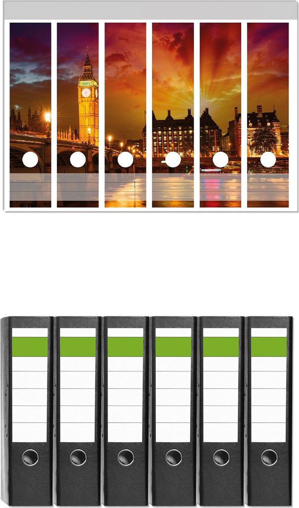 Wallario 6 Stück breite Ordner inkl. Klebeetiketten mit Motive London - Big Ben in strahlenden Farben - Set mit Rückenschildern / Ordnerrücken ...