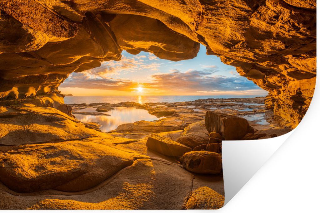MuchoWow Wandtattoo Wandsticker Wandaufkleber Höhle - Meer - Horizont - Sonnenuntergang 30x20 cm Selbstklebend und Repositionierbar - Wierderver...