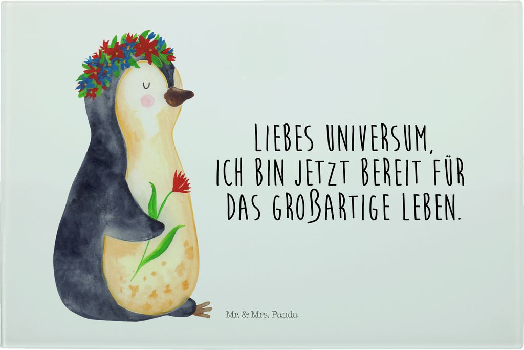 Mr. & Mrs. Panda Schneidebrett Pinguin Blumen - Weiß - Geschenk, Frühstücksbrett, Positiv, Servierplatte, Hackbrett, Glas Schneideplatte, Blumen...