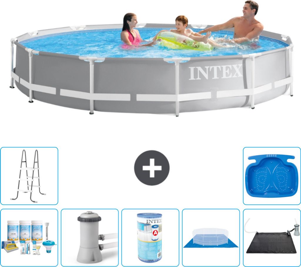 Intex Pool mit rundem Prismenrahmen – 366 x 76 cm – Grau – im Lieferumfang enthalten Wartungspaket - Filterpumpe für Schwimmbad - Filter - B...