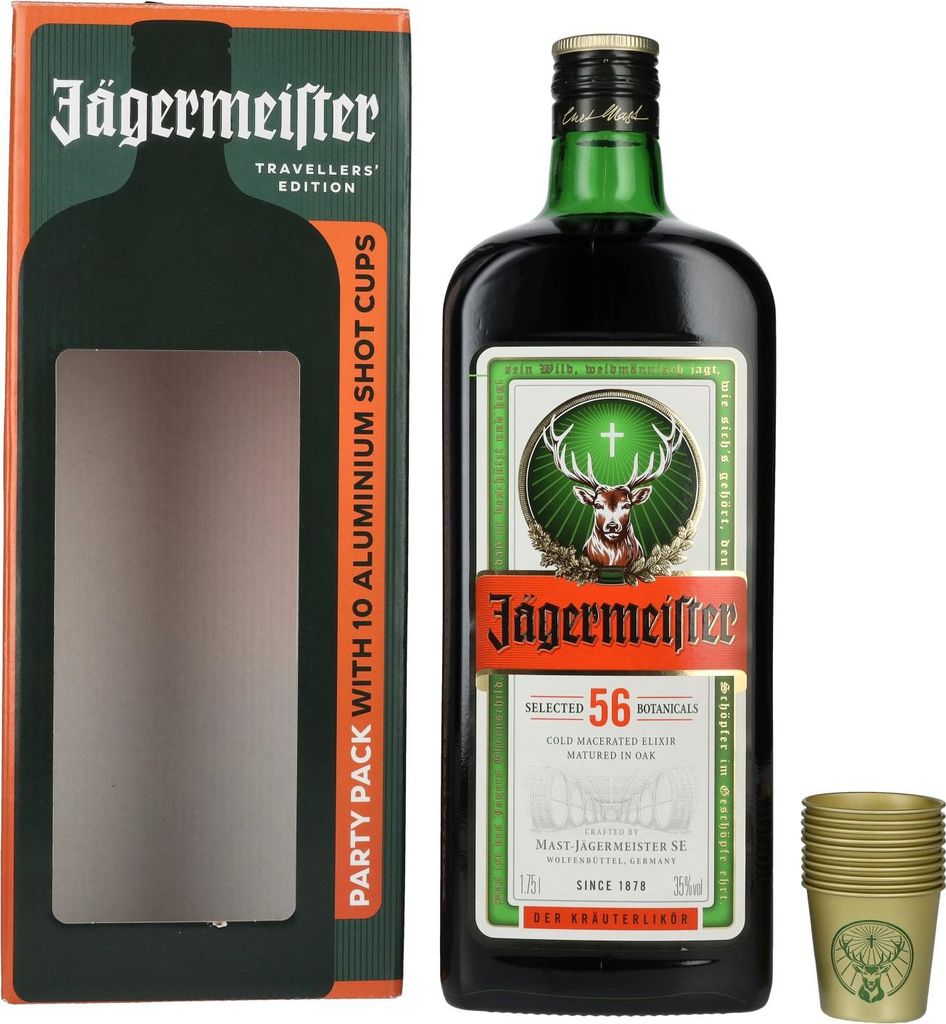 Jägermeister TRAVELLERS' EXCLUSIVE 35% Vol. 1,75l in Geschenkbox mit 10 Metal Shot Cups