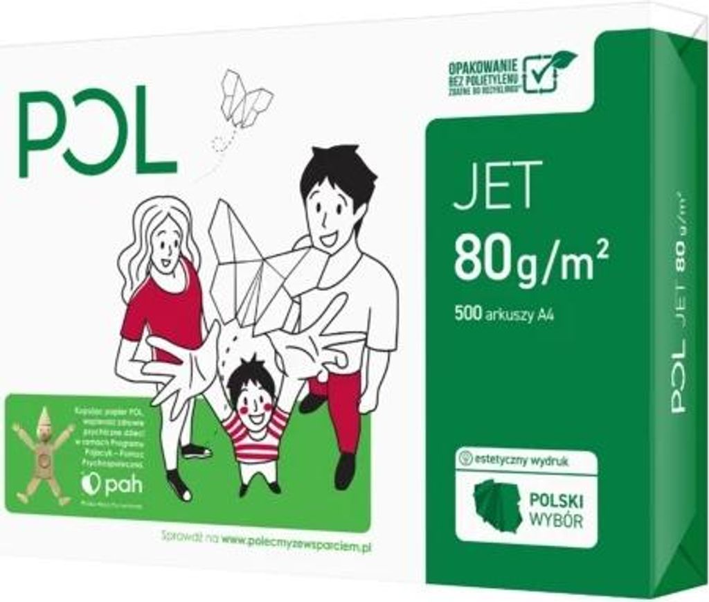 A box of POL International paper with illustrations of a family and origami.
