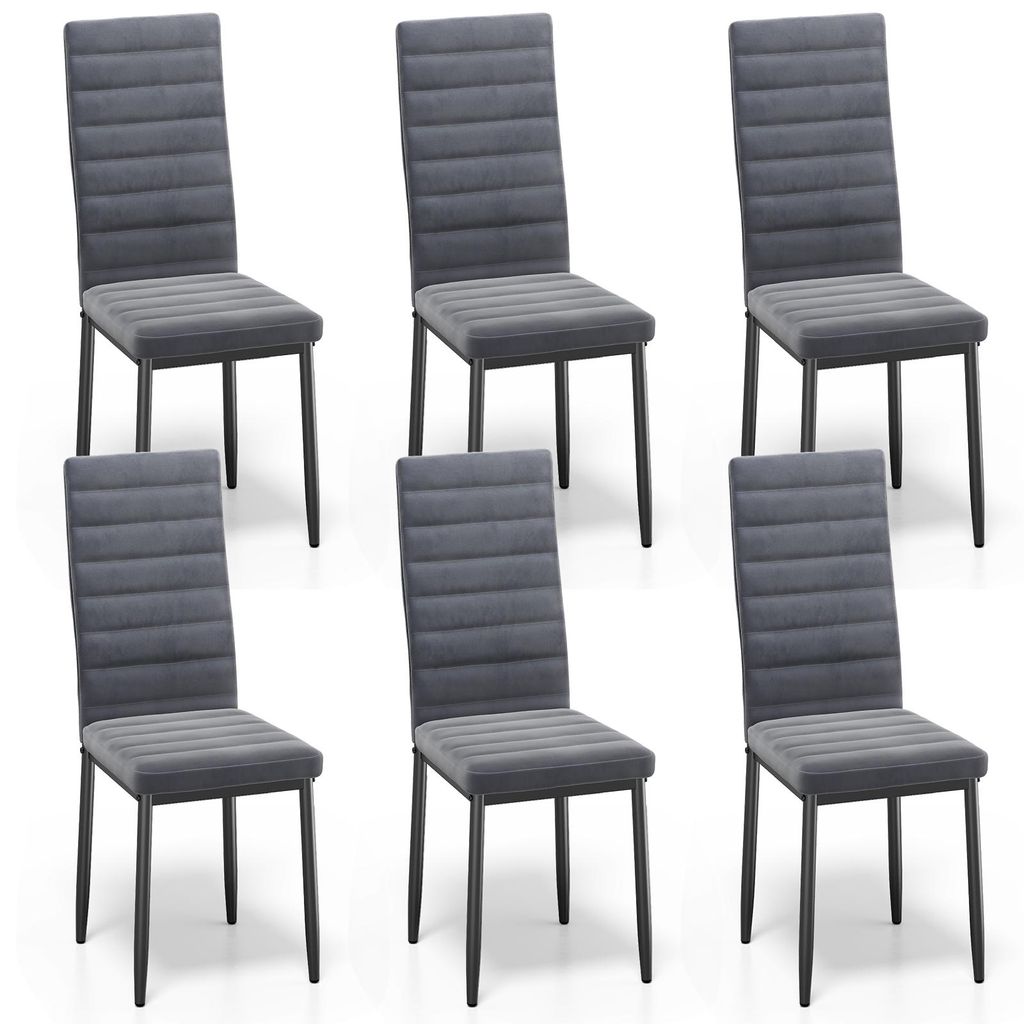 A set of six dark gray dining chairs arranged in three rows of two against a white background.