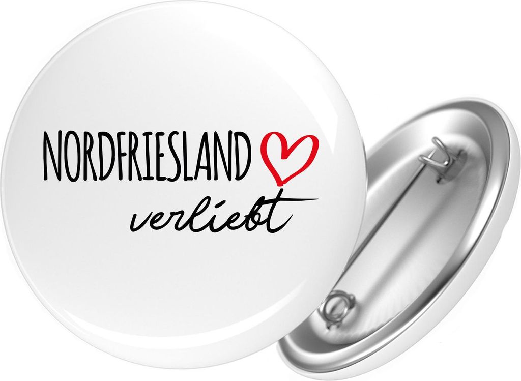 Huuraa Button Nordfriesland verliebt 59mm rund mit Sicherheitsnadel Ansteckbutton Geschenkidee