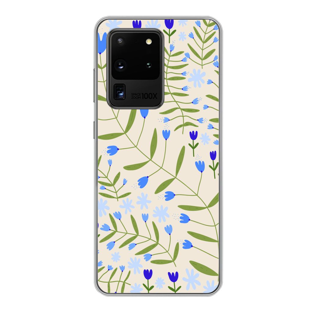 MuchoWow Handyhülle Schutzhülle Hülle für Samsung Galaxy S20 Ultra Blume - Blätter - Blau Silikon Softcase Handy Hülle - Karteninhaber